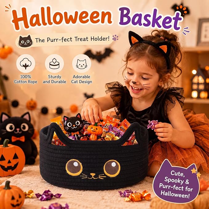 Small Cotton Rope Halloween Basket, Black Cat Toy Basket for Living Room | Cute Decorative Dog Toy basket, Toy Bin for Baby, Pet, Gift Basket for Baby Shower , 11"×11"×4.7", Black