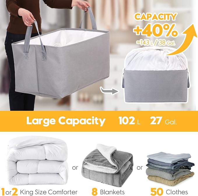 Hinwo 102L XXL Canvas Storage Bin with Lid and Handles, 4-Pack | Collapsible Fabric Baskets, Closet Shelf Organizers, Containers for Clothing, Blankets, Toys, Bedding (White)