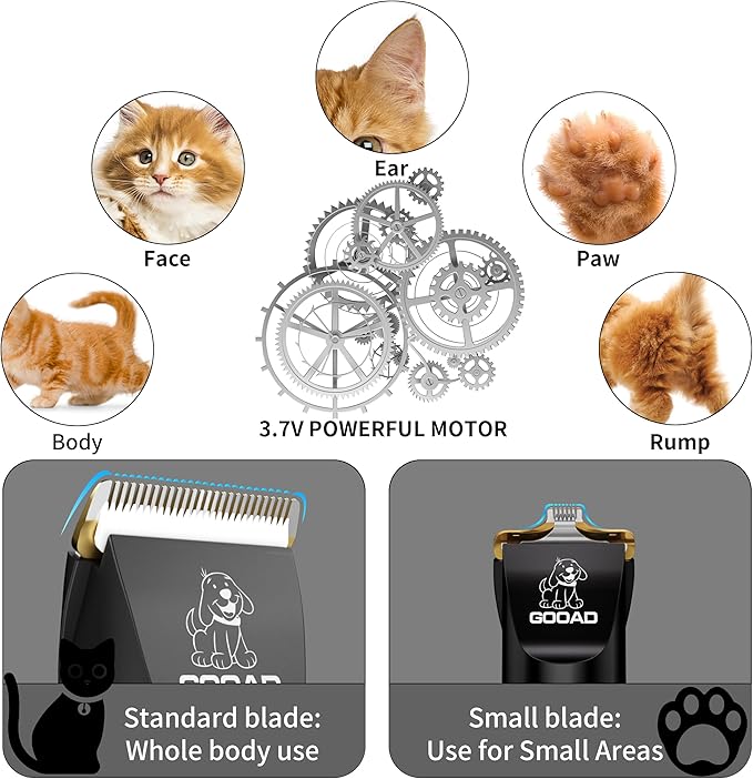 Goood Cat Clippers for Matted and Long Hair - Cordless, Low Noise Paw Trimmer, Quiet Pet Hair Clippers for Cats and Dogs (Black)