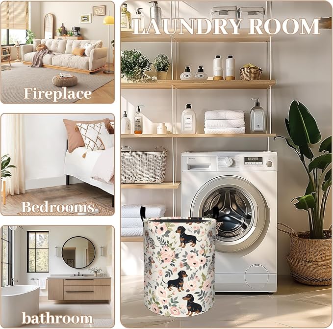 Floral Dachshund Dog Laundry Basket, Oxford Cloth Playful Dirty Clothes Collapsible Hamper for Room Decor, Flower and Puppy Print Gifts Toy Organizer 19.7 * 15.7 Inch for Bedroom Bathroom Dorm