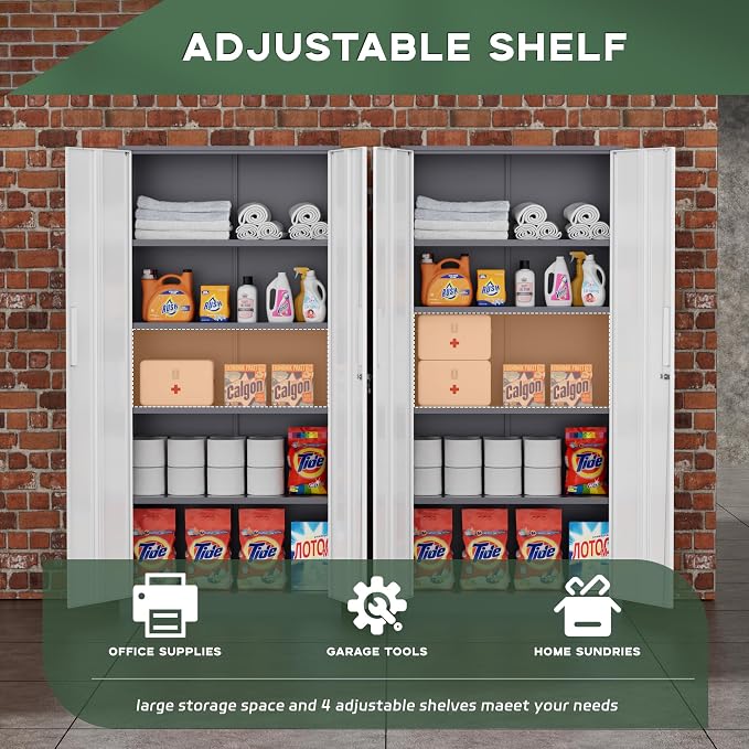 Greenvelly Metal Storage Cabinet, 72" Locking Metal Garage Storage Cabinet with Doors and 4 Adjustable Shelves, Lockable Steel Cabinet for Home Office, Garage, Shop, School (White Grey 32" W x 16" D)