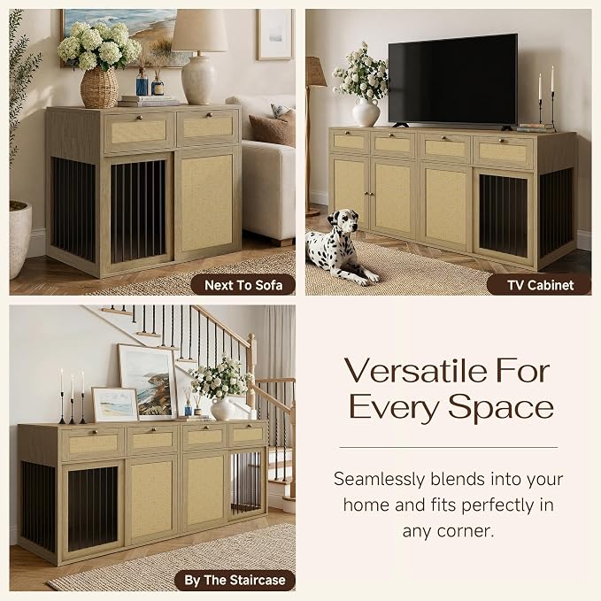 PureCozy 3-Piece Double Dog Crate Furniture, 120 Inch, Light Oak | Left and right kennels for 2 dogs plus center cane storage cabinet; metal sliding doors and 6 total drawers.