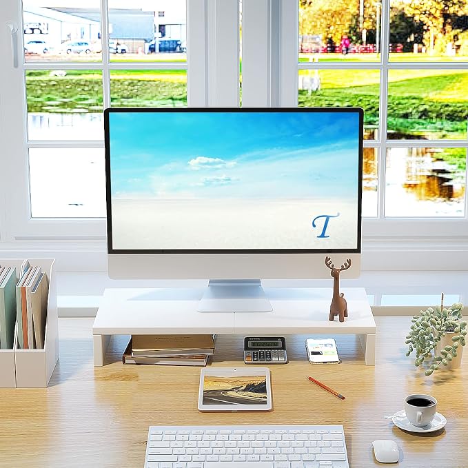 TEAMIX 20 inch White Monitor Stand Riser, Wood Desktop Computer Stand | Fits Laptop, Printer, TV, PC Tower, Full Keyboard Storage Underneath, Ergonomic, Desk Organizer for Home Office Gaming Vanity