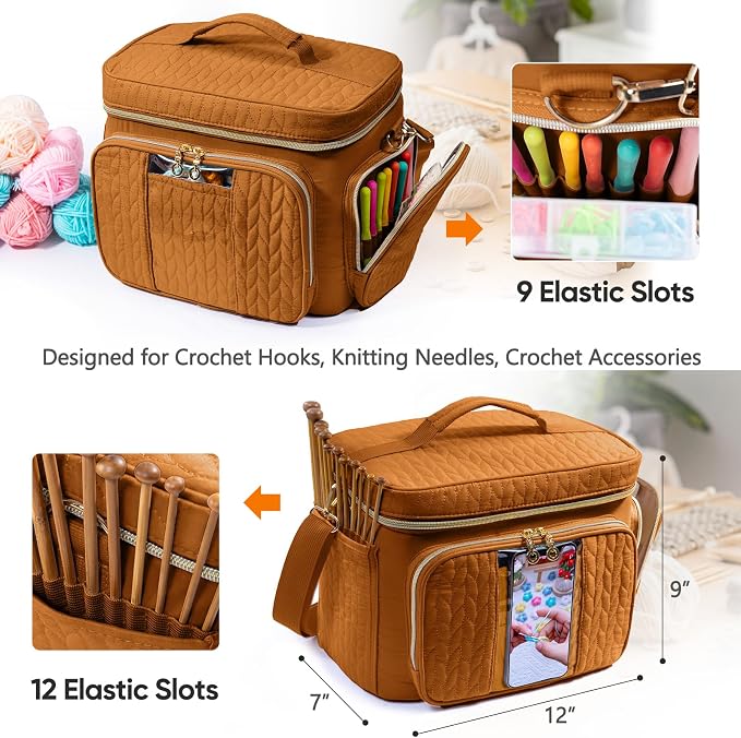 MYBAGZING Crochet Bag Organizer - Yarn Bags for Crocheting - Crochet Storage Bag with Pockets for Crochet Hooks, Crochet Accessories - Yarn Organizers - Yarn Holders for Crocheting - Knitting Bags