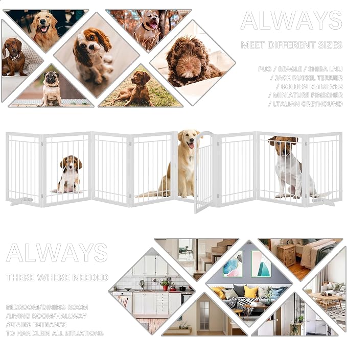 JSB 192-inch Extra Wide 30-inch Tall Dog gate with Door Walk Through,Full Matel Freestanding Pet Gate for Halls, Stairs & Home, Pet Puppy Safety Dog Fence with 4PCS Support Feet (White)