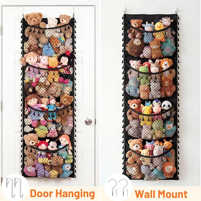 Over The Door Stuffed Animal Storage, Tassel | Toy Organizer for Storage Plush Toys, Stuffed Animal Holder with 4 Large Pockets, Hanging Door Organizer for Nursery