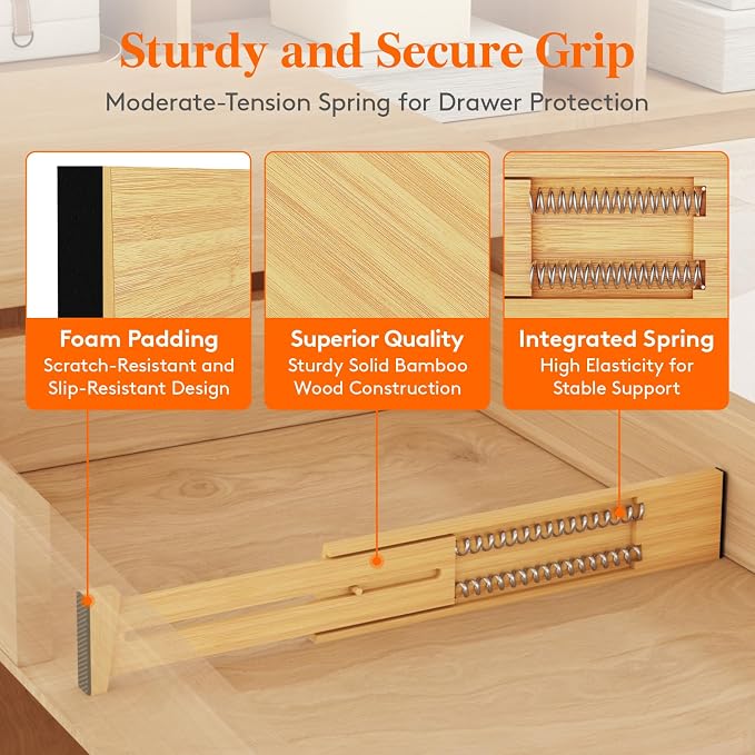Lifewit 2.4" Kitchen Drawer Dividers, Adjustable Bamboo Drawer Organizers | 6 Pack 13"-16.5" Expandable Drawer Separator for Clothes, Utensils, Dresser, Cabinet, Closet, Nursery Organization & Storage