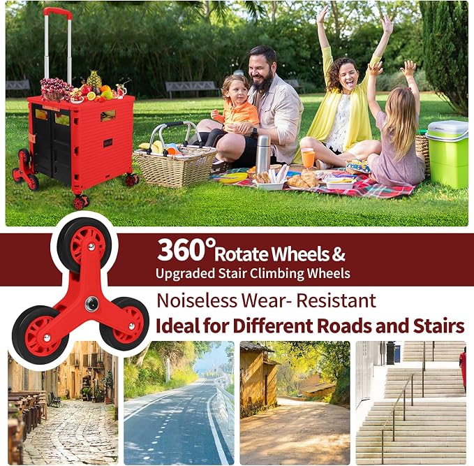 Foldable Utility Cart Collapsible Crate Rolling Carts with Stair Climbing Wheels Rolling Tote Basket Teacher Cart with Lid Wear-Resistant 360°Rotate Wheel Noiseless for Shopping Grocery Office