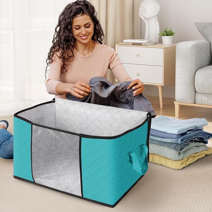 4 Pack Storage Bags for Clothes Blanket Storage Bins with Lids | Foldable Closet Organizers with Zippers,Window and Handles,Fabric Storage Bins for Sweater,Comforter,Bedding,Dorm essentials