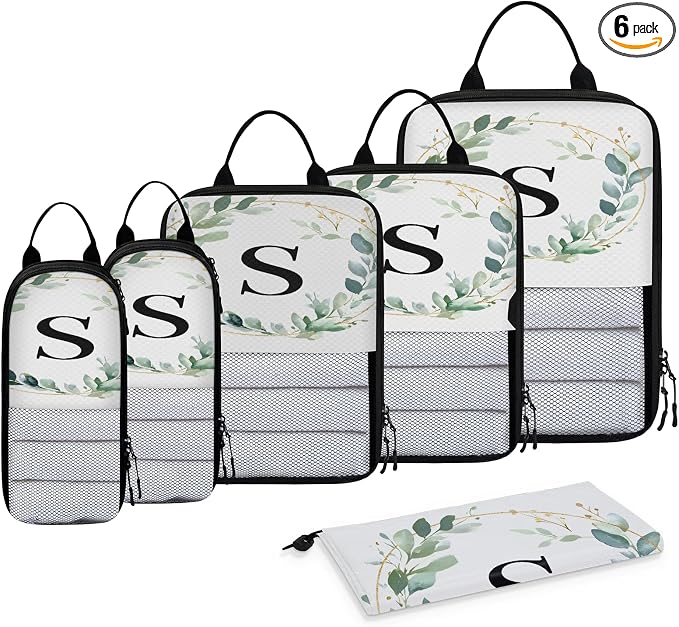 Letter S 6 Set Compression Packing Cubes Natural Floral Design Expandable Packing Organizer for Travel Accessories Luggage Suitcase Bag