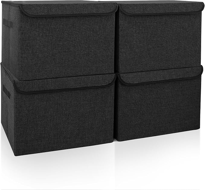 Large 22 Quart Linen Fabric Foldable Storage Bin Cube Organizer Basket with Flip-Top Lid & Handles, Clothes Blanket Box for Home, Office, Closet, Black, 4 Pack 14.6 x 9.5 x 9.5”