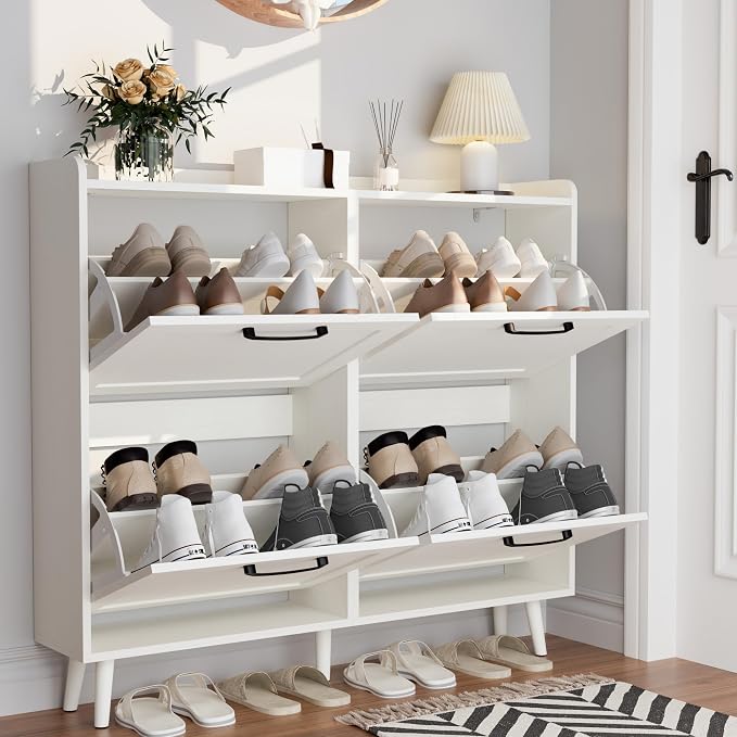 Shoe Storage Cabinet with 4 Flip Drawers, Freestanding Shoe Organizer with Adjustable Shelf & Anti-Tipping Device, Hidden Shoe Rack for Entryway, Hallway, Foyer, Lounge（White）