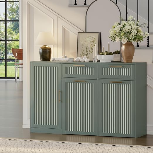 Double 13 Gallon Pull Out Trash Can Cabinet with Storage Cabinet,Green | Pet Proof Hidden Garbage Can Cabinet,3-Tier Shelves,Fluted Design,Extra Drawer Space,Kitchen & Dining Room Organization