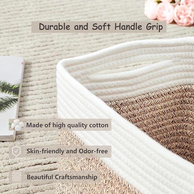 4 Pack Storage Baskets for Organizing Woven Baskets for Shelves | Cotton Rope Rectangle Storage Basket Bins for Bedroom & Living Room 12.7''Lx9''Wx7.8''H, Brown & White