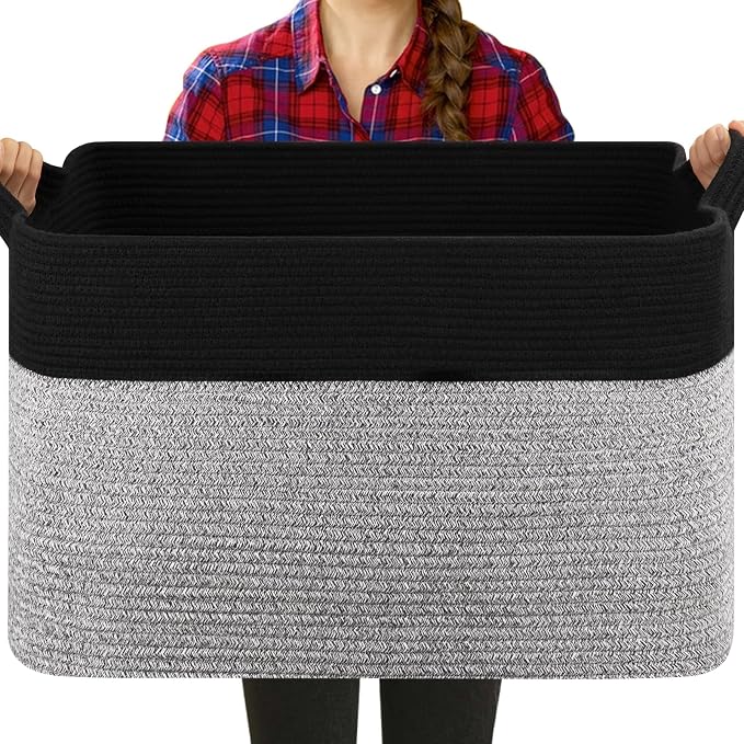 OIASKET 90L Extra Large Blanket Basket Living Room, 24"x16.9"x14.2" | Rectangle Woven Laundry Hamper, Nursery Blanket Storage Living Room, Toy Storage With Handle, Large Baskets for Organizing