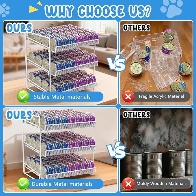 Cat Food Can Organizer 3-Tier Can Organizer for Pantry 84 Cans 3.5oz | White metal 3-tier cat food can organizer,Holds 84 cans 3.5oz,Adjustable pantry countertop storage for kitchen cabinet