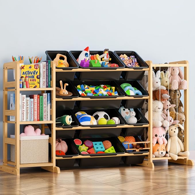 Toy Storage Organizer with Bookshelf and Stuffed Animal Storage - Kids Playroom Organization with Shelves and 12 Toy Bins - Toddler Living Room Toy Box for Lego - Nursery Bedroom Decor Essential