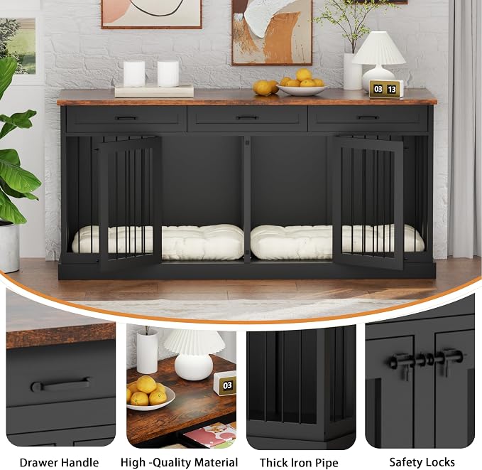 70.9 inches Double Dog Crate Furniture with 3 Drawers for Large Medium Dogs