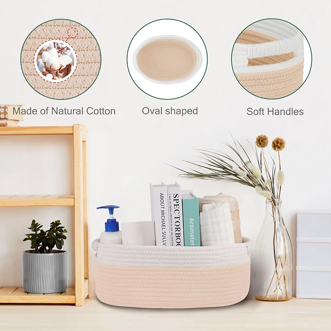Small Woven Gift Basket with Bag & Ribbons, Beige | Cotton Rope, 13”x 9”x 5.5”, Fits for Kids, Women & Men, Bedroom, Living Room, Nursery & Bathroom Storage, Cat & Dog Toy Boxes