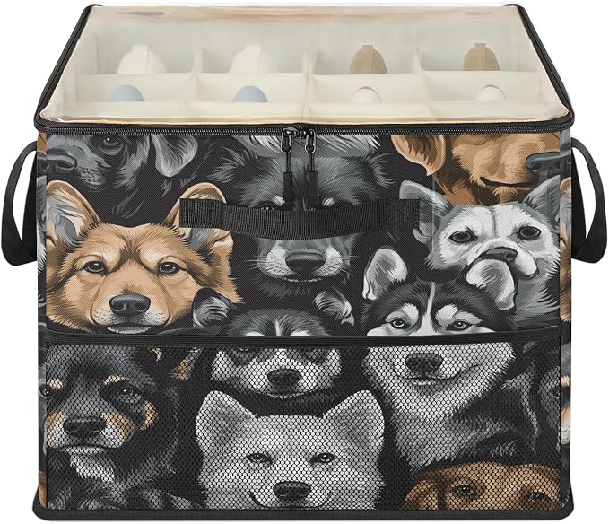TropicalLife Funny Dog Faces Shoe Organizer for Closet | Foldable Shoe Storage Organizer Box Bin with Adjustable Dividers and Clear Cover, Fits up to 16-32 Pairs
