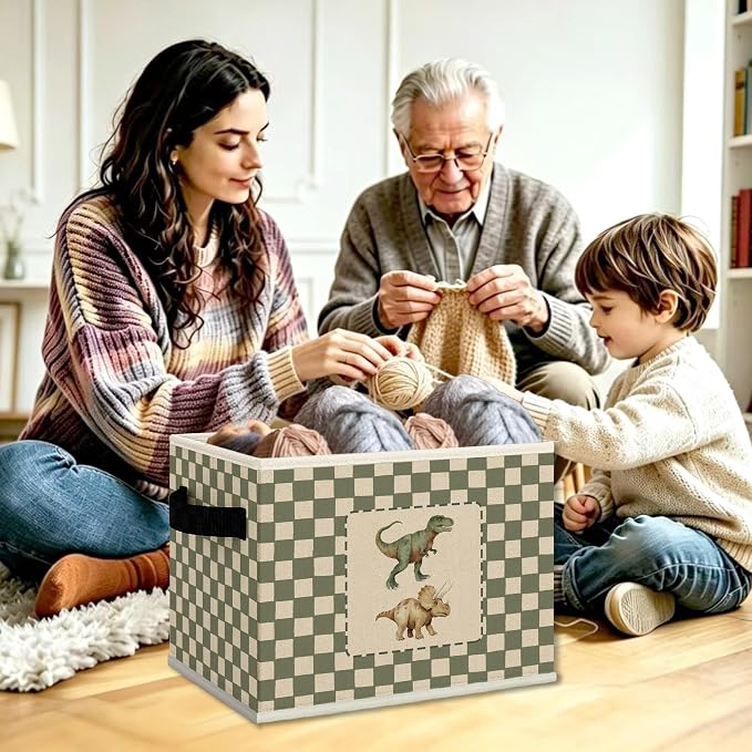 Kids Playroom Dinosaur Cube Storage Bins with Handles, Dinosaur Nursery Checkered Collapsible Fabric Storage Basket Boxes Books Clothes Organizer for Kids Boys Room Bedroom Bathroom