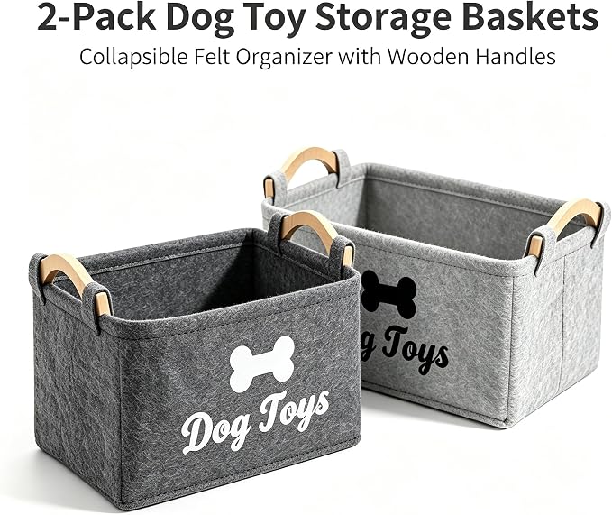 Dog Toy Storage Basket, Felt Pet Toy Organizer with Wooden Handles, Collapsible Pet Supplies Storage Bin for Dog Cat Toys, Treats, Accessories, Home Office Closet Organizer (Dark+Light Gray)