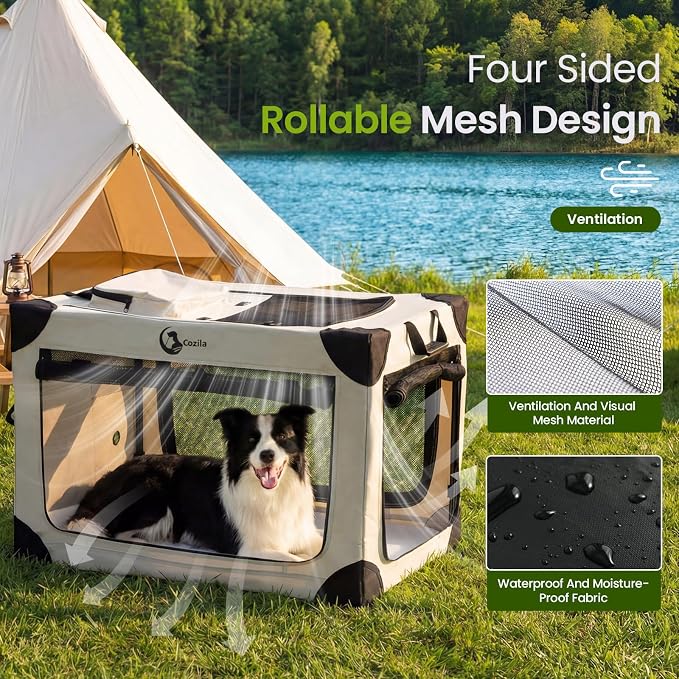 Portable Collapsible Soft Dog Crate for Large Dogs, 36in Grey | Oxford Cloth Travel Camping dog kennel with 4 Mesh Windows & 2 Storage Pockets,for Indoor & Outdoor Use