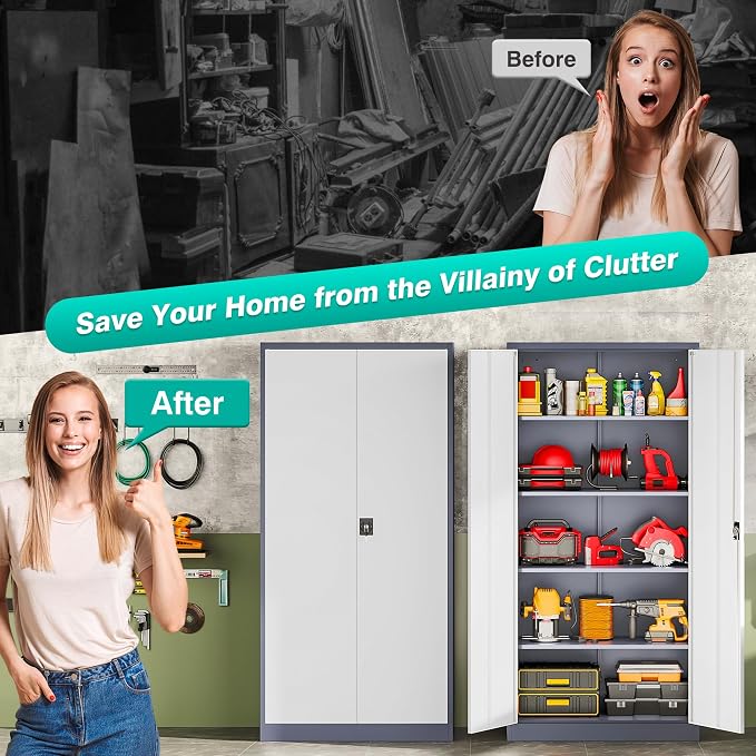 Storage Cabinet with Doors and Shelves,71" Metal Storage Cabinet with Lock Door Adjustable Shelf, Steel Lockers for Office, Home,School,Kitchen,Garage Tool Utility Cabinet