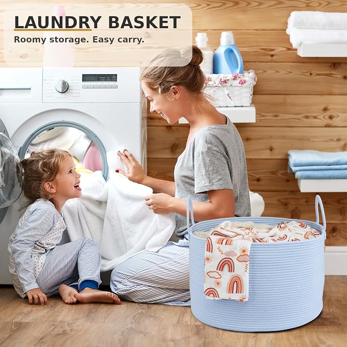 XUANGUO 66L Large Blanket Basket, Round Cotton Rope Basket, Blue | 20" x 13" Laundry Basket with Sturdy Handles for Blankets, Pillows and Toys; Storage for Living Room, Bedroom and Nursery