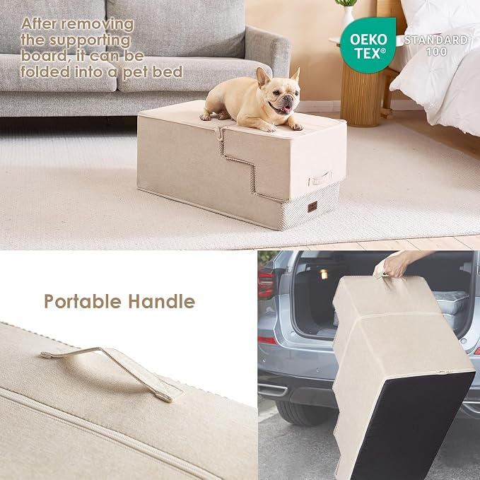 EHEYCIGA Dog Stairs for High Bed 22.5" H, 5-Step Extra Wide Dog Steps for Bed, Pet Steps for Small Dogs and Cats, Non-Slip Balanced Pet Ramp Indoor, Beige