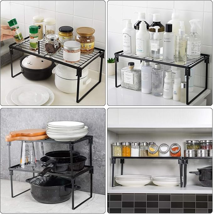 Tomorotec 2-Pack Stackable Kitchen Storage Shelf Rack Metal Cabinet Shelves | Metal Cabinet Organizer Shelf for Spices, Pantry, Cupboard Countertop, with Removable Support Legs for Easy Storage (Black)