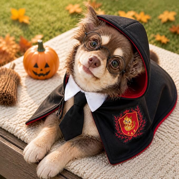 Dog Cat Halloween Costumes,3PCS Pet Dog Wizard Cape,Glasses & Necktie | Halloween Puppy Outfit for Small Medium Dogs Cats Set,Pet Academy Magician Cosplay Costume