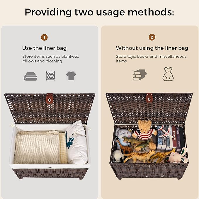 Wicker Storage Basket with Lid, 200L Storage Bin with Removable Liner Bag | Rattan-Inspired Shelf Basket Design, Storage Trunk with Heightened Feet, Wardrobe Storage Container & Home Organizer