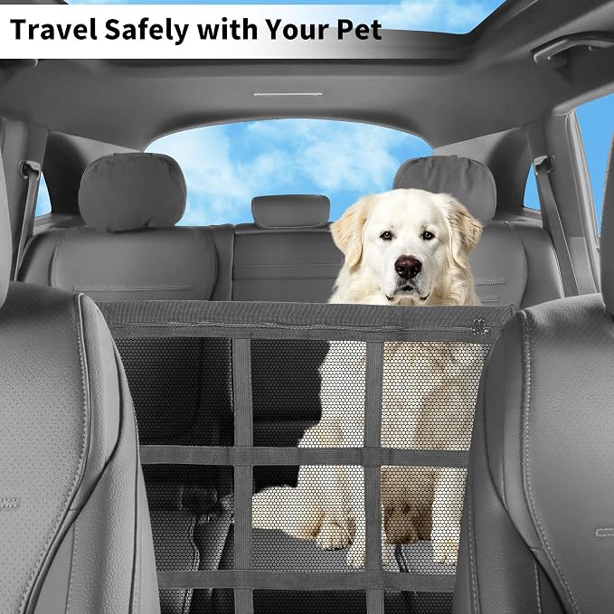 Dog Car Net Barrier Double Layer Mesh with Zipper Organizer Storage | Cars Seat Divider for Pet with Adjusting Rope and Hook Breathable Dogs Travel Accessory Universal Fit for SUV Sedan Truck