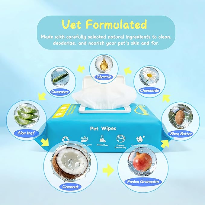Pet Wipes for Dogs and Cats, Deodorizing Dog Cleaning Wipes with Coconut Extract, Extra Thick Hypoallergenic Dog Wipes for Paws and Butt Ears Eyes Coats, 100 Count
