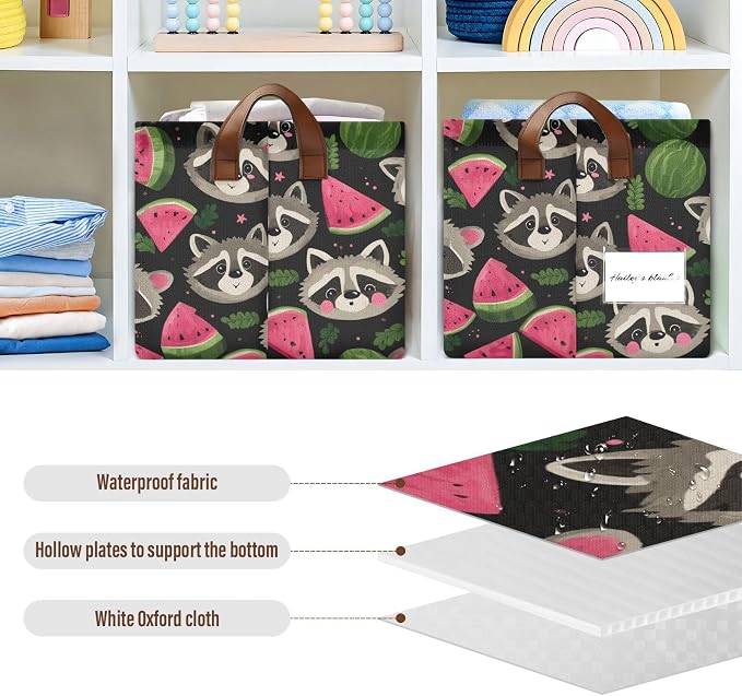 Cute Raccoon with Watermelon Storage Basket Foldable Cube Storage Bins with Handles&Label Waterproof Collapsible Organizer Box Bin Large Rectangle Decorative Baskets for Shelves Home Room Laundry-2 PC