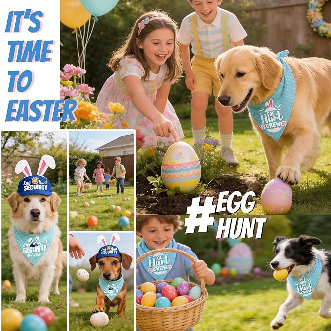 Easter 2-in-1 Dog Bandanas with Cute Egg Hunt Crew & Security Roles for Easter Game, Mint Green Pet Holiday Costumes Scarf with Snap Button, Large to Giant Breeds (75lbs+)