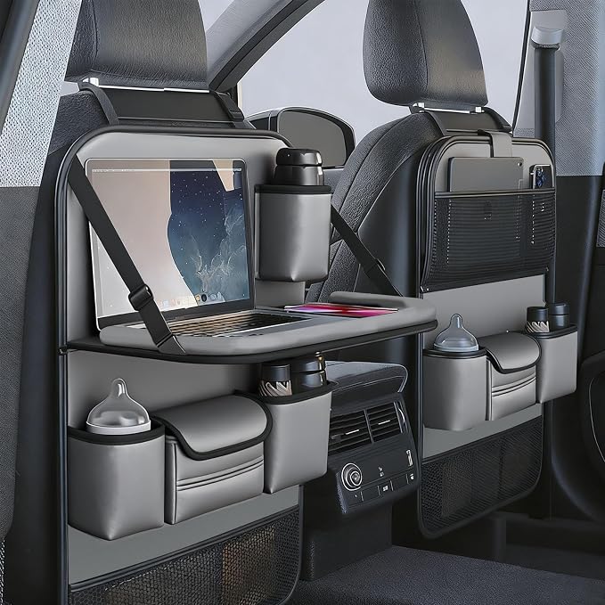 Leather Car Seat Back Organizer with Foldable Tray Table, Backseat Car Organizer with Tablet Pocket, Cup Holders, Tissue Pocket, Mesh Pockets, Kick Mat, Gray, 1 Pack