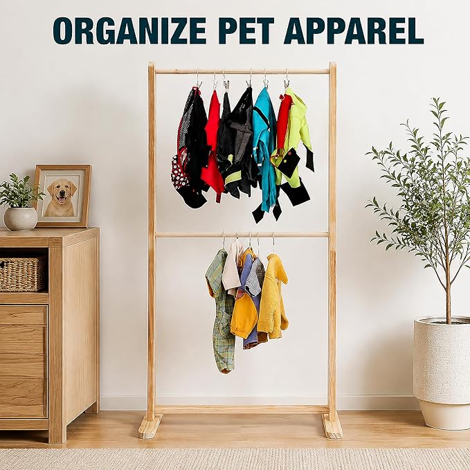 LOYALHEARTDY Wooden Pet Clothes Rack, 2-Tier Garment Display Stand | Three Hanging Rods, Lift-Out Middle Bar, T-Shaped Feet