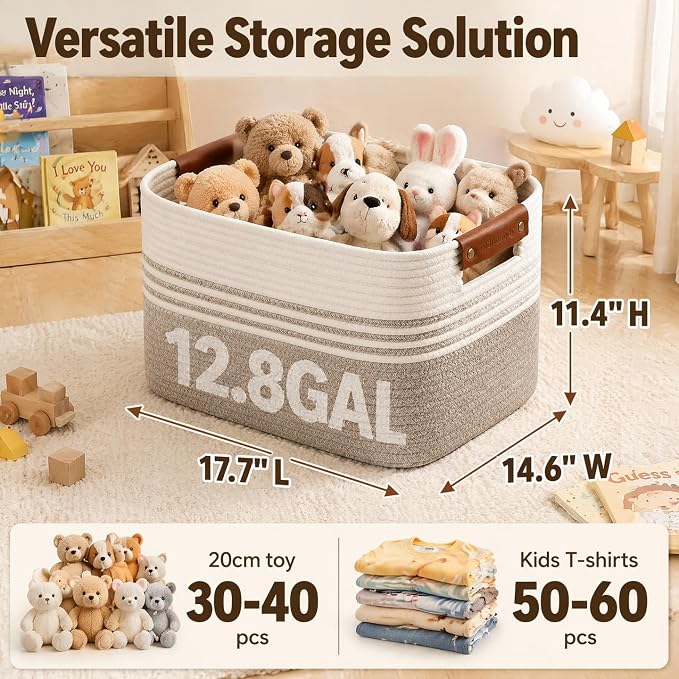 Cotton Rope Laundry Basket Small, 12.8GAL Collapsible Woven Storage Baskets for Living Room Kids Toys Stuffed Animal,Boho Rectangular Decorative Short Hamper for Dirty Clothes, Blankets White Brown