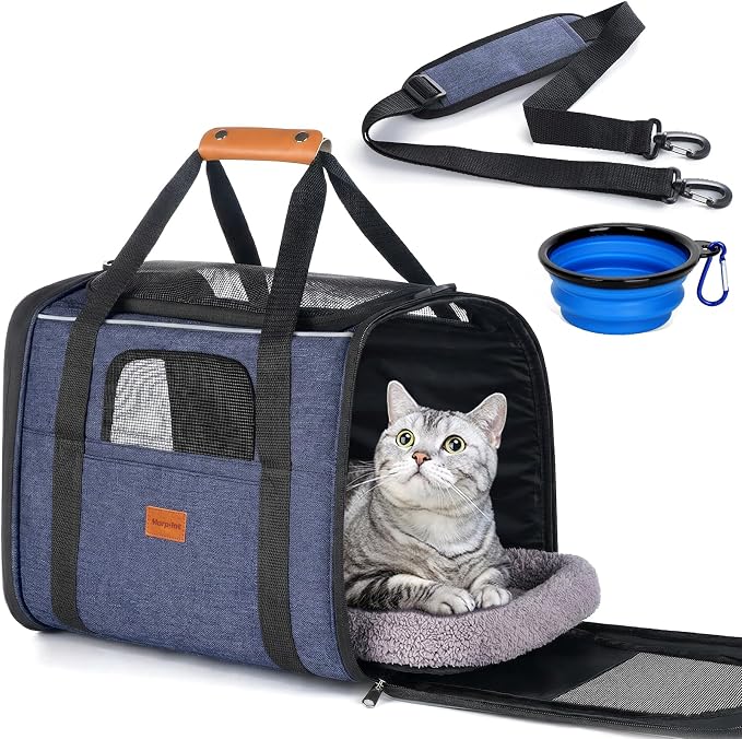 Morpilot Cat Carrier Soft for Large Medium Cats and Puppy up to 18lbs | with Dual-Sided Cushion, Secure Buckle and Foldable Bowl, Dog Carriers for Small Dogs - Pet Carrier (Dark Blue)