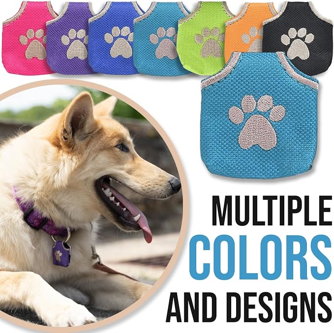 Woofhoof Dog Tag Silencer, Teal Pawprint - Quiet Noisy Pet Tags - Fits Up to Four Pet IDs - Dog Tag Cover Protects Metal Pet IDs, Made of Durable Nylon, Universal Fit, Machine Washable