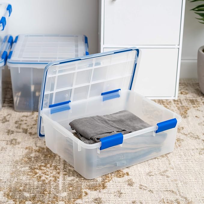 IRIS USA 4-Pack 26.5/44 Combo Qt Storage Bins with Gasket Lids, Clear/Blue | WeatherPro seal helps block dust and moisture Multiple sizes organize every room with confidence