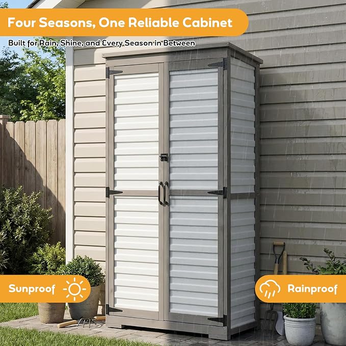 Outdoor Storage Cabinet, Wood & Plastic Garden Shed with Adjustable Shelves | Waterproof Slanted Roof, Rustproof Plastic Panels, Lockable Magnetic Doors, Leveling Feet, White, for Patio, Backyard, Garage