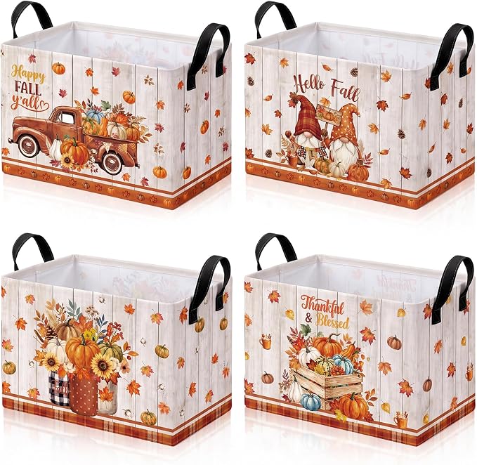 4 Pcs Fall Storage Basket for Gifts Empty Large Fall Pumpkin Storage Bins with Handles 15 x 10 x 8 Fabric Laundry Baskets Autumn Harvest Collapsible Organizer Boxes for Home Clothes Toys Books