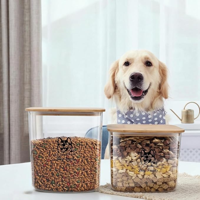 Pet Food Storage Containers, 2Pack Airtight Plastic Dog Cat Food Storage Container with Bamboo Lid,Dog Treat Container Jars Set,Treats Canister for Kitchen or Countertop,BPA Free, Clear