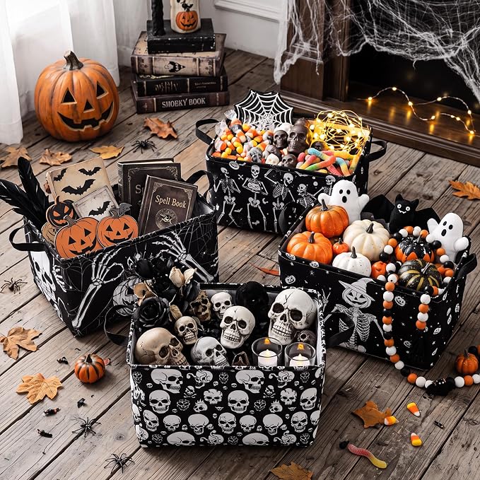 4 Pcs Halloween Storage Basket for Gifts Large Spooky Skeleton Storage Bins with Handles 15 x 10 x 8 Fabric Laundry Baskets Halloween Skull Collapsible Organizer Boxes for Home Cloth Toys Book