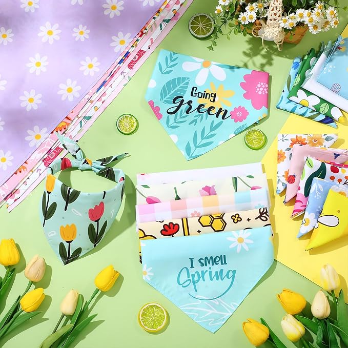 Kacctyen 50 Pcs Spring Dog Bandanas Bulk Bandanas for Dogs Grooming with Spring Flowers Bees Adjustable Pet Triangle Scarf Bib Washable for Small Medium Large Puppy Cats Pets Costume Accessories