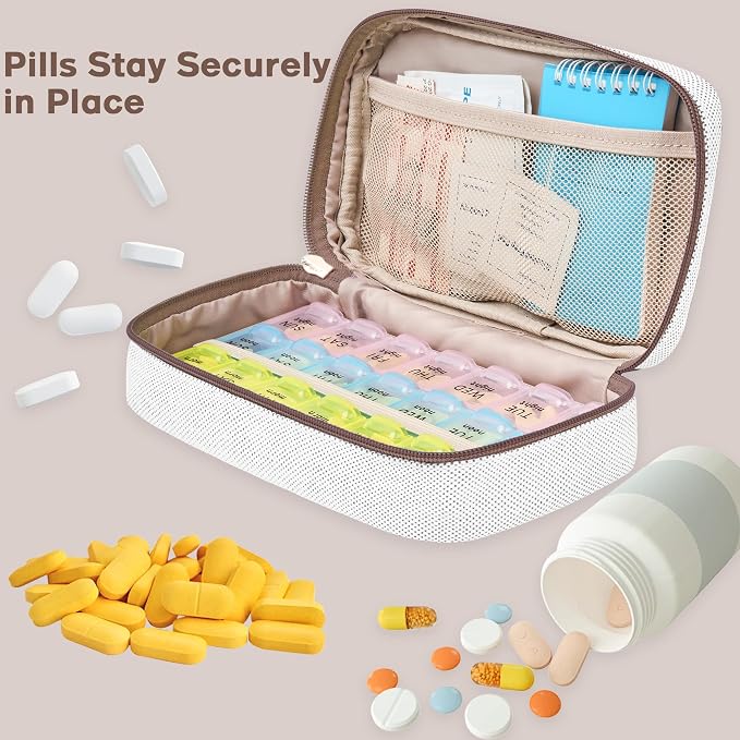 Lexeeco Travel Pill Case for Purse with Weekly Pill Organizer 3 Times a Day | Cute Am Pm Pill Box 7 Day ,Travel Medicine Organizer Pill Container Holder for Vitamins,Fish Oils,Medication,Medical Supplies