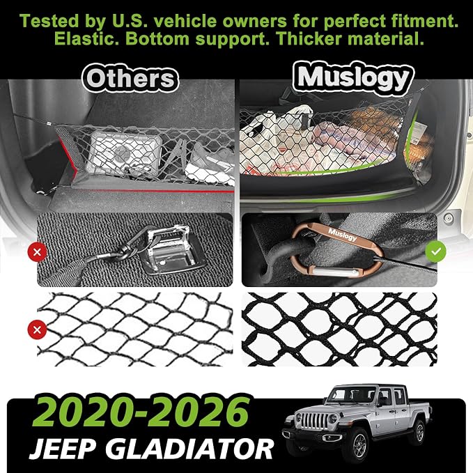 Muslogy Cargo Net for Jeep Gladiator 2020-2025 2026 JT Accessories | Custom Fit, Trunk Storage Organizer Net for SUV Sedan Van Divider, with Heavy Duty Carabiners, Night Visible Grab Handle
